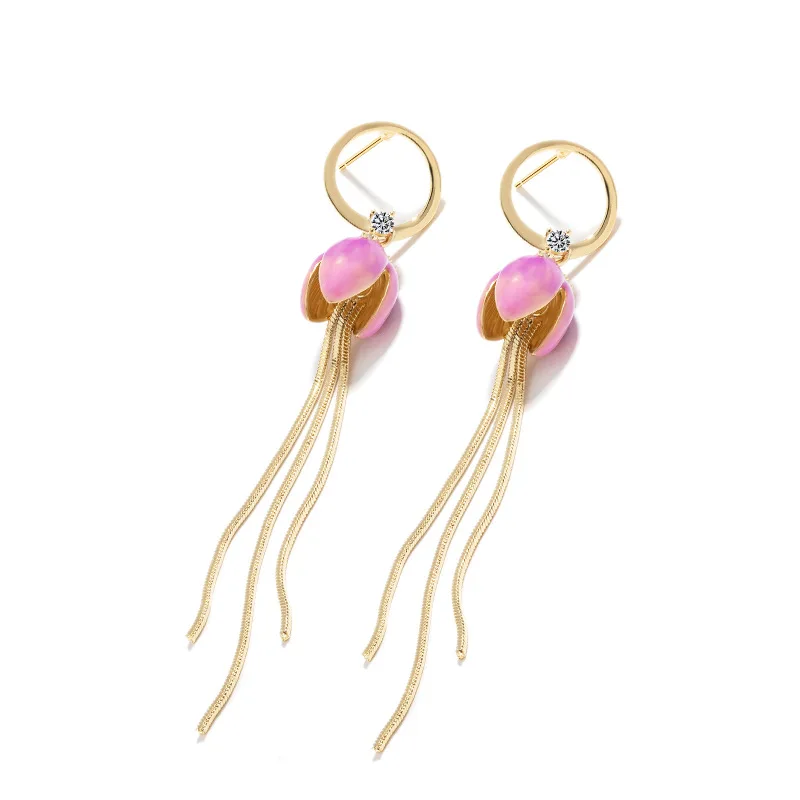 

Lily of the Valley Tassel Long Earrings Net Red Temperament Fashion Earrings Pink Purple Flowers S925 Silver Needle Earrings
