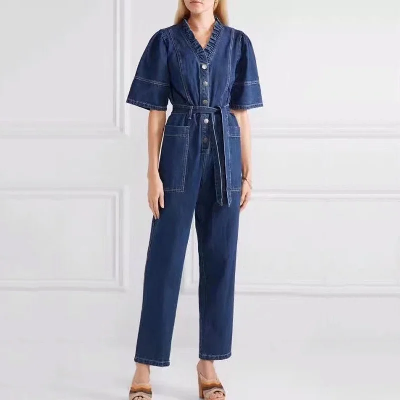 New Summer Style For Adult Women's Dark Blue Slacks Costume V-Neck Lacing Tighten Waist Short Sleeve Jeanswear Denim Jumpsuit