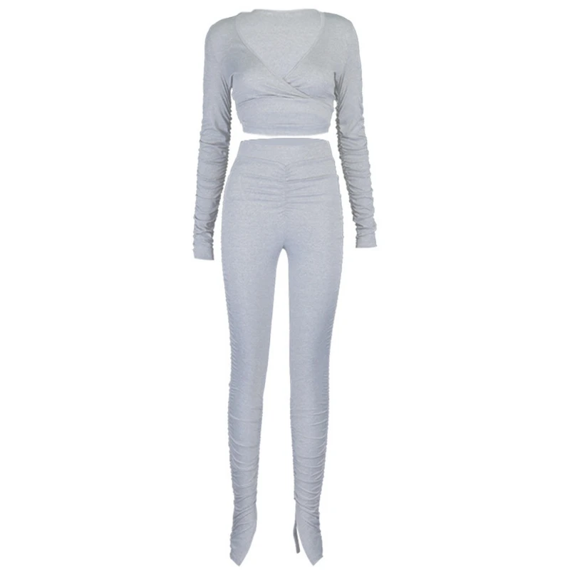 

Для женщин тренировочный спортивный костюм с длинным рукавом Обёрточная бумага с v-образным вырезом кроп Топ наборный лосины с оборками X3UE
