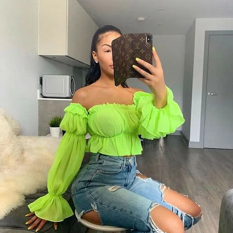 

Fashion Summer Womens Chiffon Blouse Long Sleeve Loose Casual Corp Tops Shirts