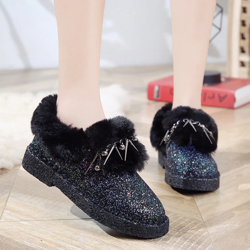 

Women's new winter snow boots sequins non-slip thick-soled designer casual plus velvet padded short boots warm furry women shoes