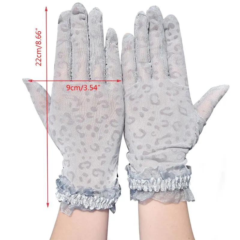 

Women Summer Mesh Fishnet Leopard Short Gloves Shiny Ruffles Trim Wrist Length Anti-UV Sunscreen Driving Mittens