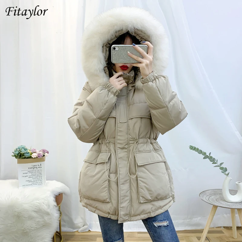 

Fitaylor Winter Large Natural Real Fur Hooded Jacket Women 90% White Duck Down Coat Thick Parka Sash Tie Up Snow Outwear