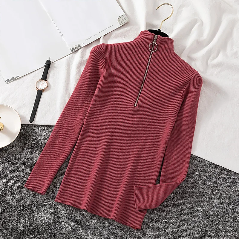 Свитер с круглым вырезом на молнии Женская однотонная облегающая осенне-зимняя