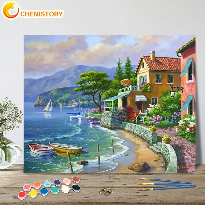 

CHENISTORY Pictures By Numbers Seaside Houses Landscape Diy Frame Painting By Numbers Seascape On Canvas Home Decoration Gift