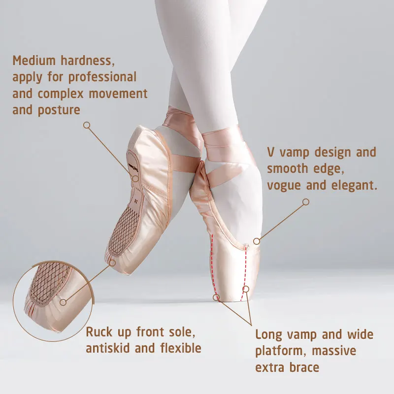 Women Ballet Pointe Shoes Professional Girls Satin Pink Ballerina Shoes With Silicone Toe Pad Kids Girls Ballet Shoes images - 6
