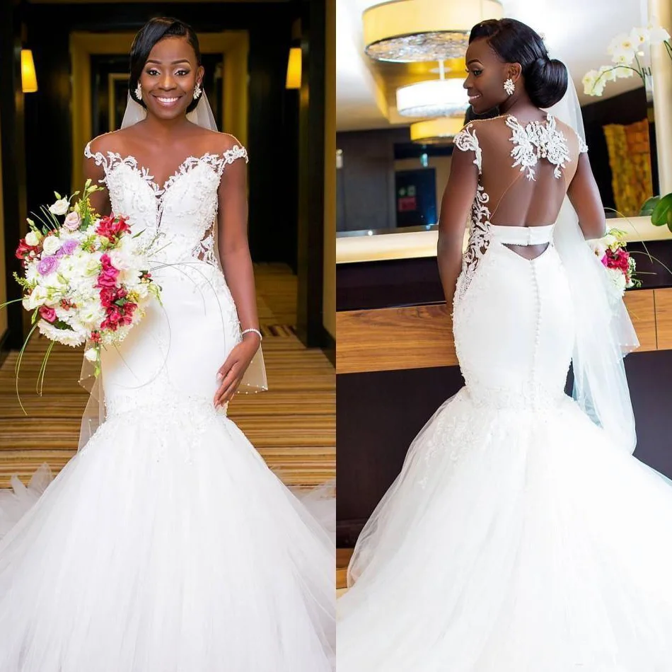

New Arrival African Mermaid Wedding Dresses 2019 Illusion Backless Applique Lace Court Train Mermaid Bridal Dress Wedding Gowns Plus Size Vestido de noiva