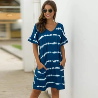 new fashion womens striped tie dye t shirt dress ruffle short sleeve casual swing tunic dresses with pockets 2022