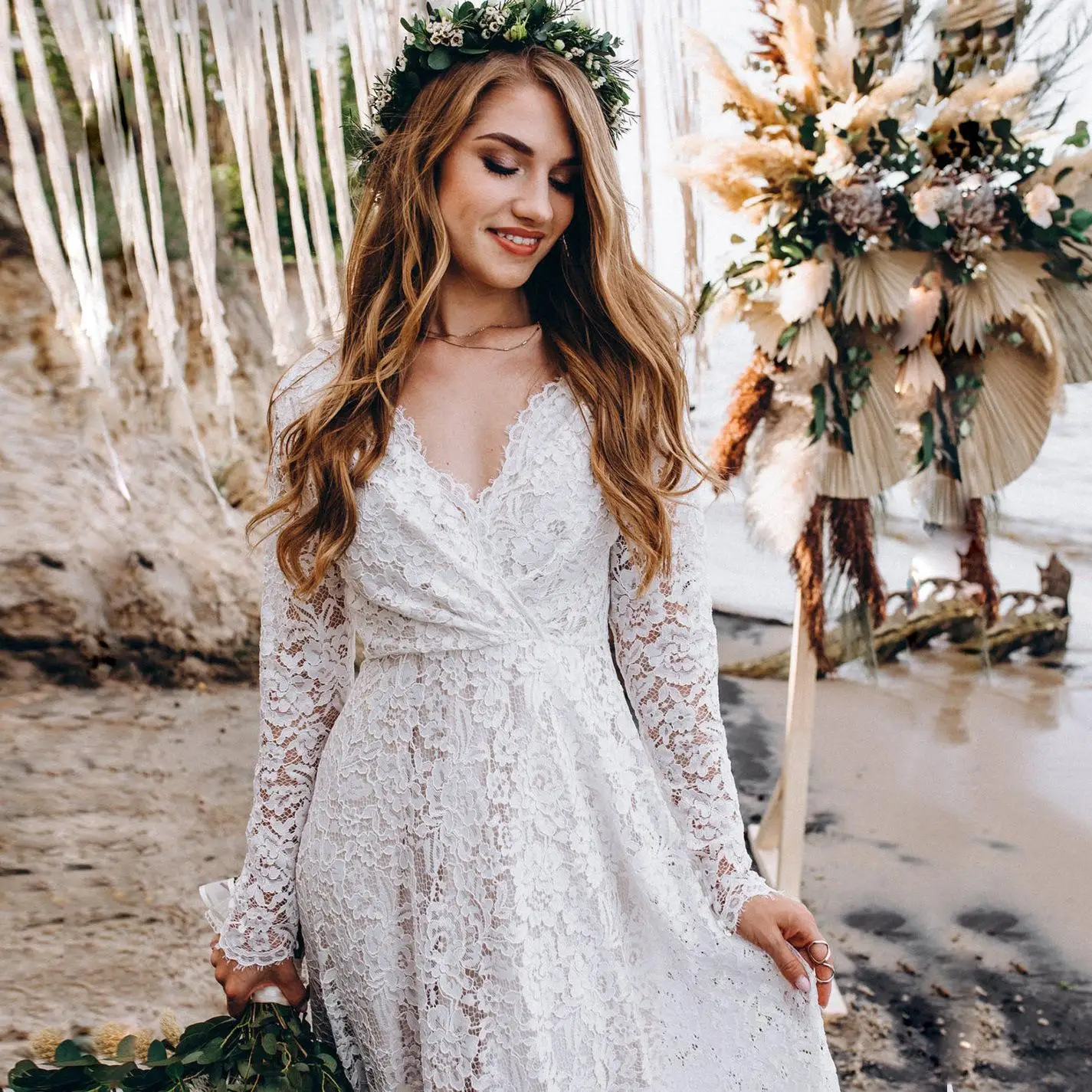 

Vintage Boho Wedding Dress 2021 robe de marie Summer Lace Wedding Gowns Beach Country Long Sleeve Open Back Bridal Dresses