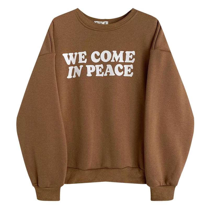 

Пуловер с буквенным принтом, плюшевая толстовка, Женский утепленный зимний студенческий серый и коричневый модный топ, 2021