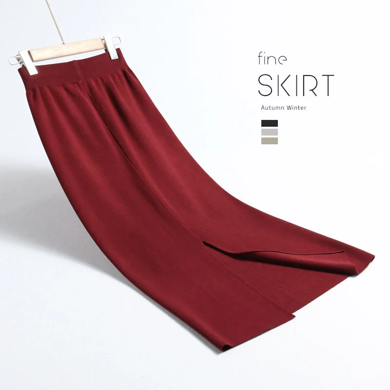 Бургундия INNASOFAN knitted skirt Women's Autumn-winter sexy high waist skirt Fashionable high-end chic long solid skirt - Цвет: Бургундия