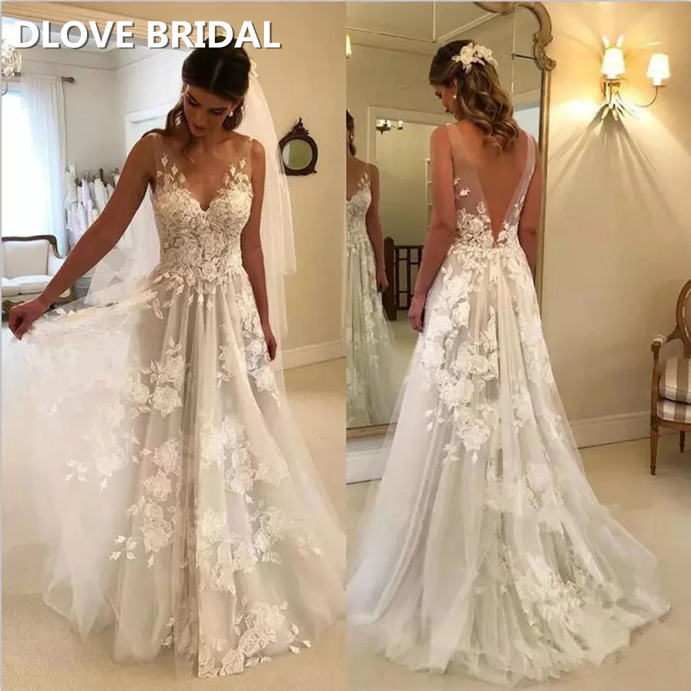 

V Neck Beach Wedding Dress Lace Appliqued Backless Bridal Gown