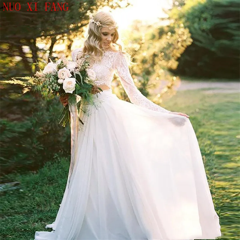 Недорогое кружевное свадебное платье из двух частей с длинным рукавом винтажное