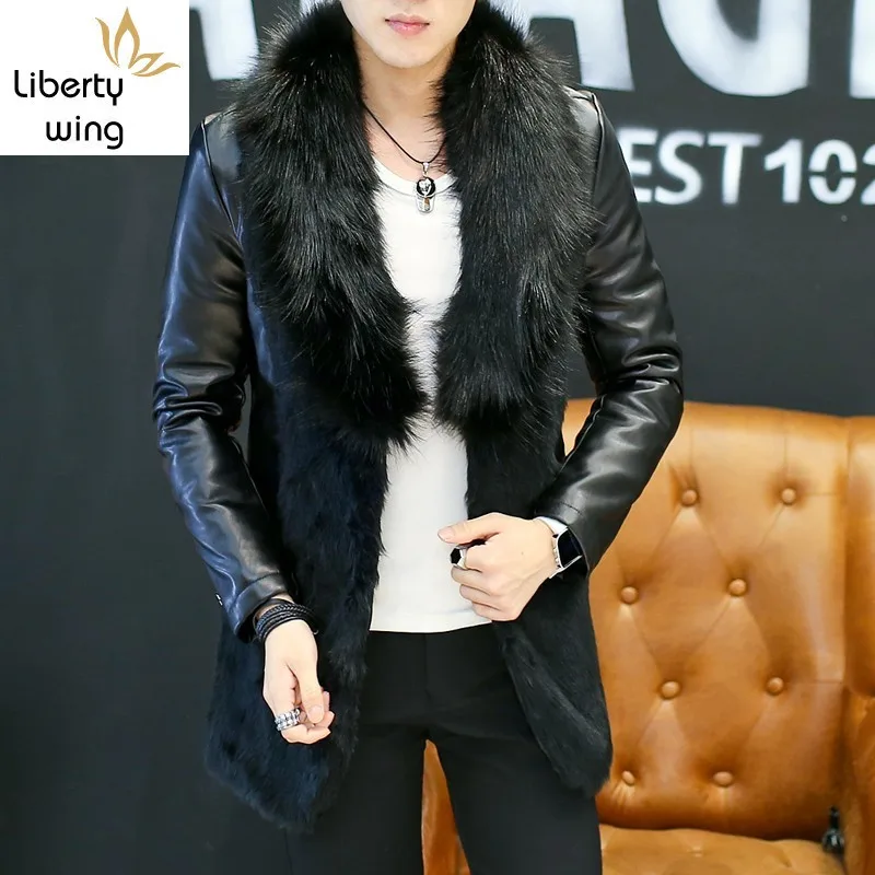 Мужское пальто из искусственной кожи зимнее средней длины с большим меховым