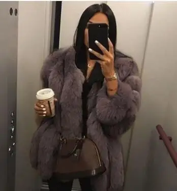 Женское меховое пальто из лисы, зимнее серое, 5XL, розовое пальто из меха лисы, теплое плюшевое пальто, брендовая Меховая куртка, женская утепленная верхняя одежда из искусственного меха - Цвет: Brown