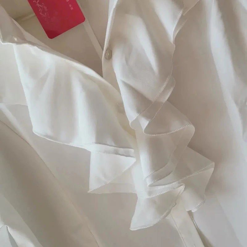 

Elegant Ruffles Long Sleeve Chiffon Shirt Women Korean style Peter pan Collar Button up Blouse Ladies Autumn OL plus size Tops