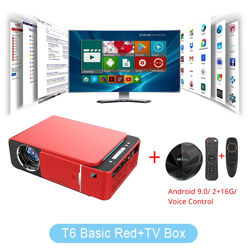 Everycom мини-проектор T6 с разрешением 1280x720, светодиодный портативный HD мультимедийный проектор для домашнего кинотеатра, опционально Android wifi - Цвет: Basic Red add TV Box