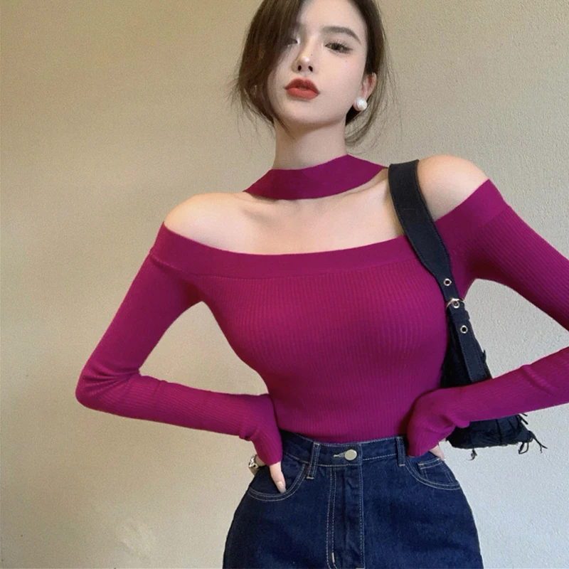 

Осенние вязаные топы Yedinas в стиле ретро, женская футболка с длинным рукавом, однотонный облегающий свитер на одно плечо, джемперы 2021