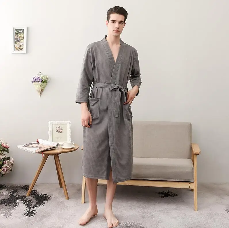 grey-men Осенние вафельные халаты для влюбленных, для мужчин и женщин, сосут, вода, кимоно, ночные рубашки, большие размеры, спа, банный халат 3XL - Цвет: grey-men
