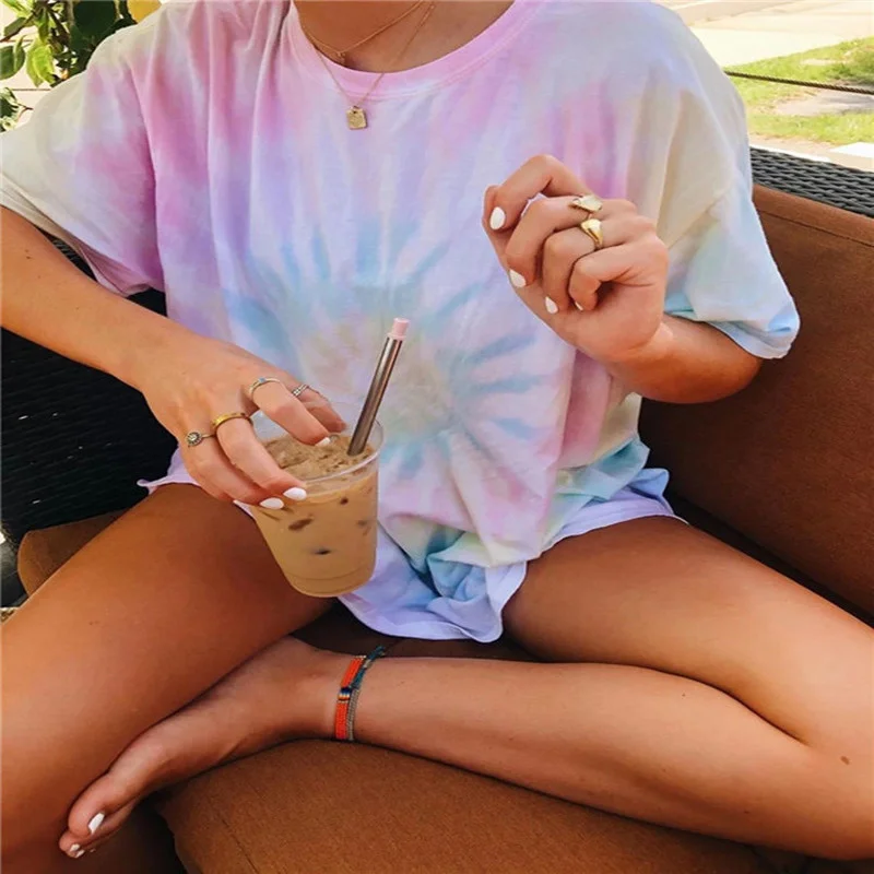 

Pink Tie Dye Short Sleeve O Neck Loose Oversized T Shirt for Women Fashion Harajuku Shirt Casual T-shirt Summer Streetwear Mujer