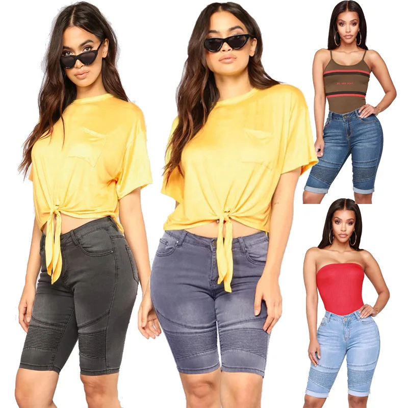 

Women's Knee Length Shorts 2021 Fashion Pleated Skinny High Waist Denim Shorts Ladies Vintage Stretch Black Short Jeans