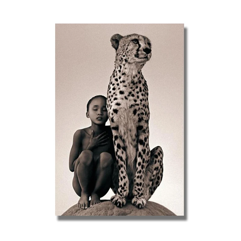 

Boy and A Cheetah Canvas Painting Wild African Animal Posters and Prints Wall Art Picture for Living Room Home Decor Cuadros