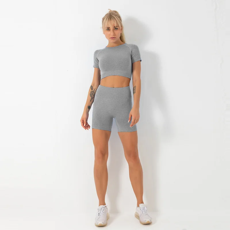 

Женский летний бесшовный комплект для йоги, спортивные костюмы для фитнеса, одежда, футболки, шорты для бега с высокой талией, тренировочные...