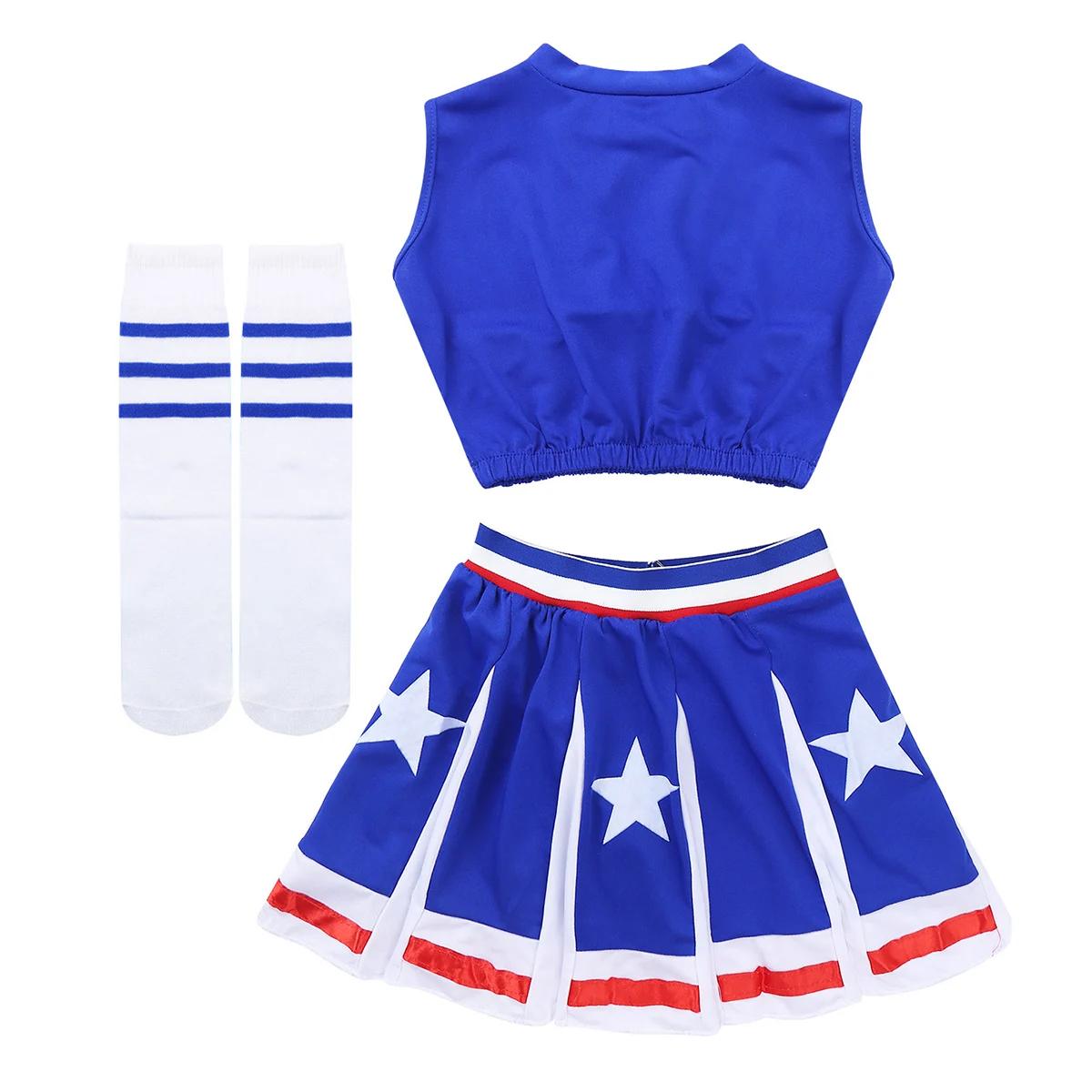 Kids Girls Cheerleader Cosplay Costume Cheerleading Carnival Dancewear Clothes Stars Printed Crop Top and Mini Skirt Socks Suit |