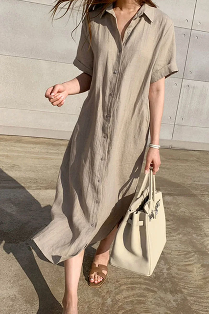 

Lace-up Slim Waist Linen Shirt Dress Women Simple Loose Polo Collar Short Sleeve Office Ol Midi SunDress Summer New Vestidos