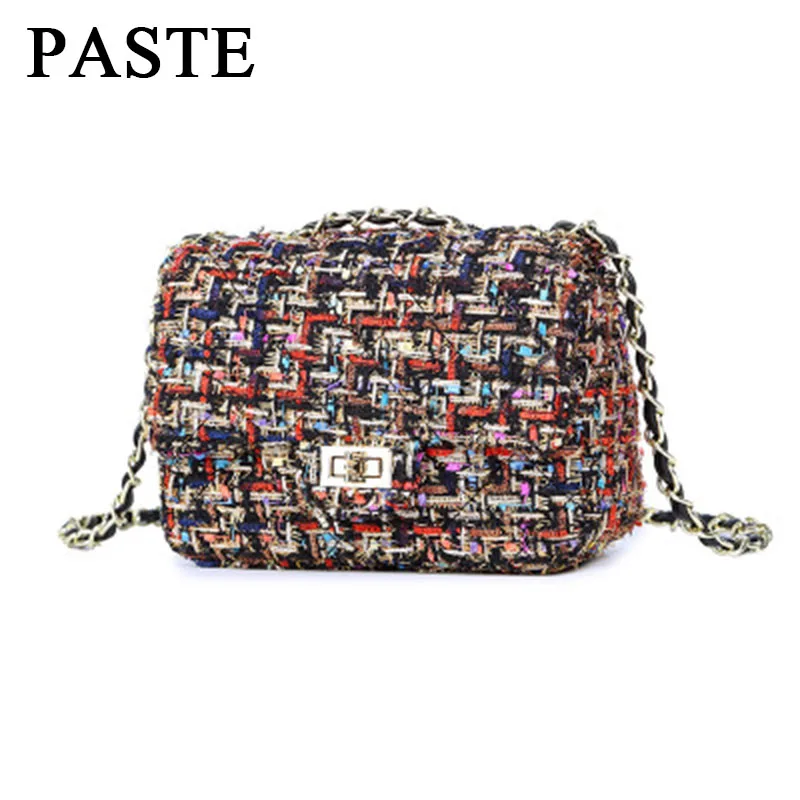 Клетчатая фетровая женская сумка с перекрестными цепочками небольшой