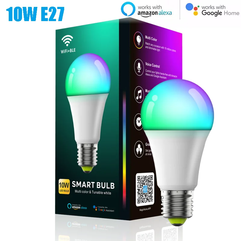 

WiFi Smart Bulb Work With Alexa RGB Dimmable Light Smart Home E27 10W 800lm Timer Function Remote Control Lamp For Google Home