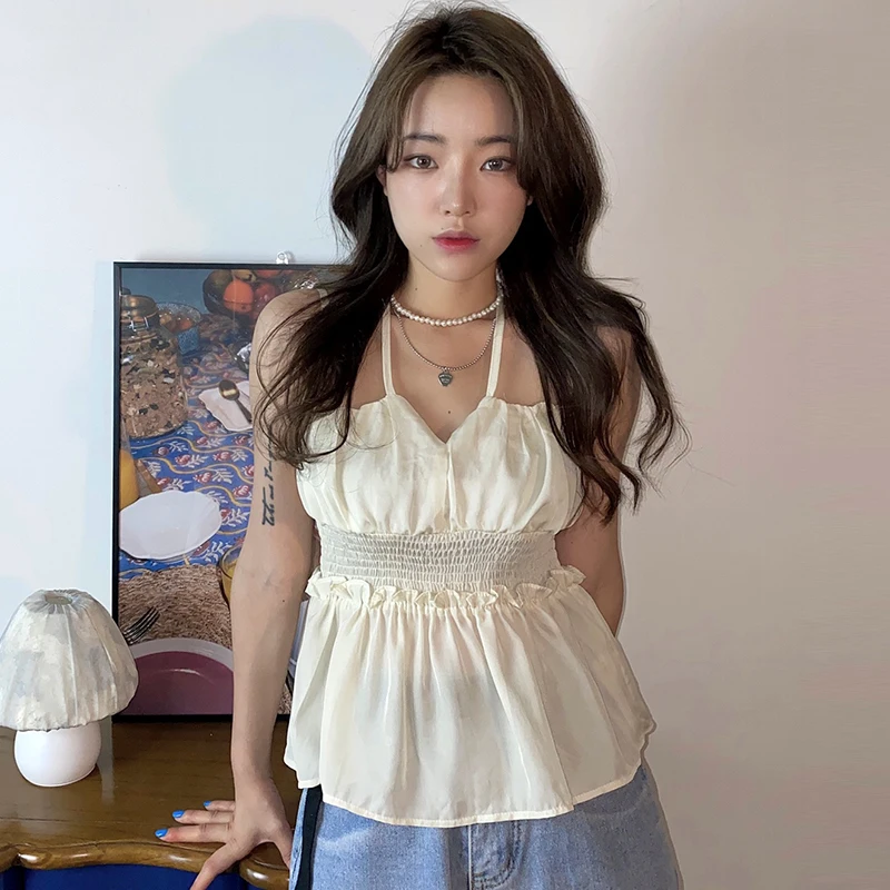 

Sannian Ladies Shirt 2021 Summer Sexy Hanging Neck Style Leaking Clavicle Design Slim Fit Wrinkle Camisole Women Clothes Tops