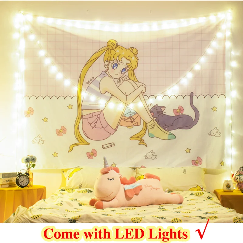 

Girls Room Decor Tapestry Background Cloth LED Light Bedroom Wall Hanging Tapestry Dormitory Live Room Bedside Wall Cloth