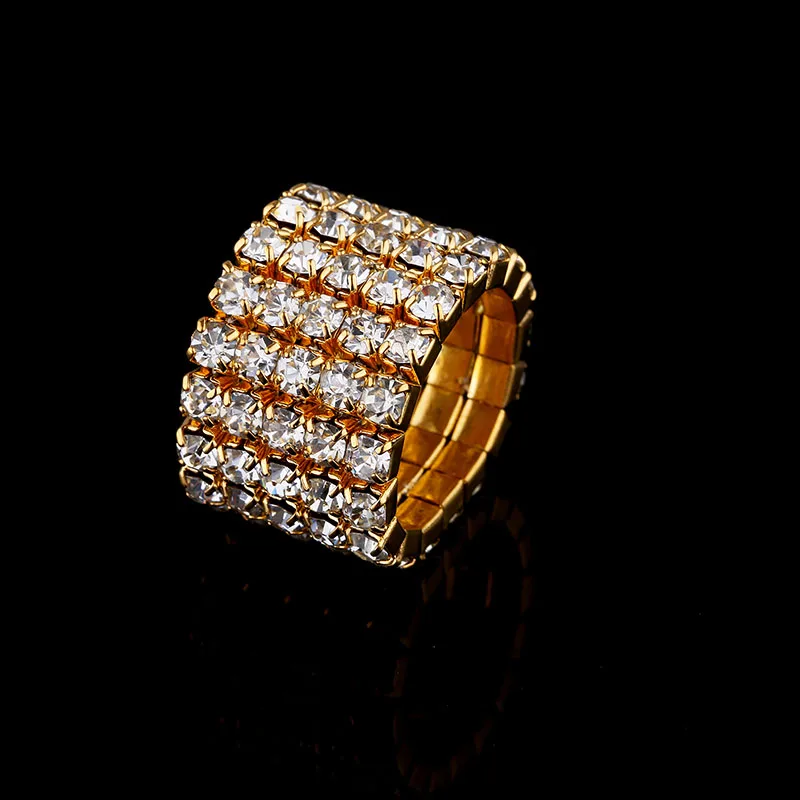 5 row gold ring 1-5 рядов золотого цвета кольца для невесты обручальные кольца Кристалл Стразы стрейч кольца для женщин - Цвет основного камня: 5 row gold ring