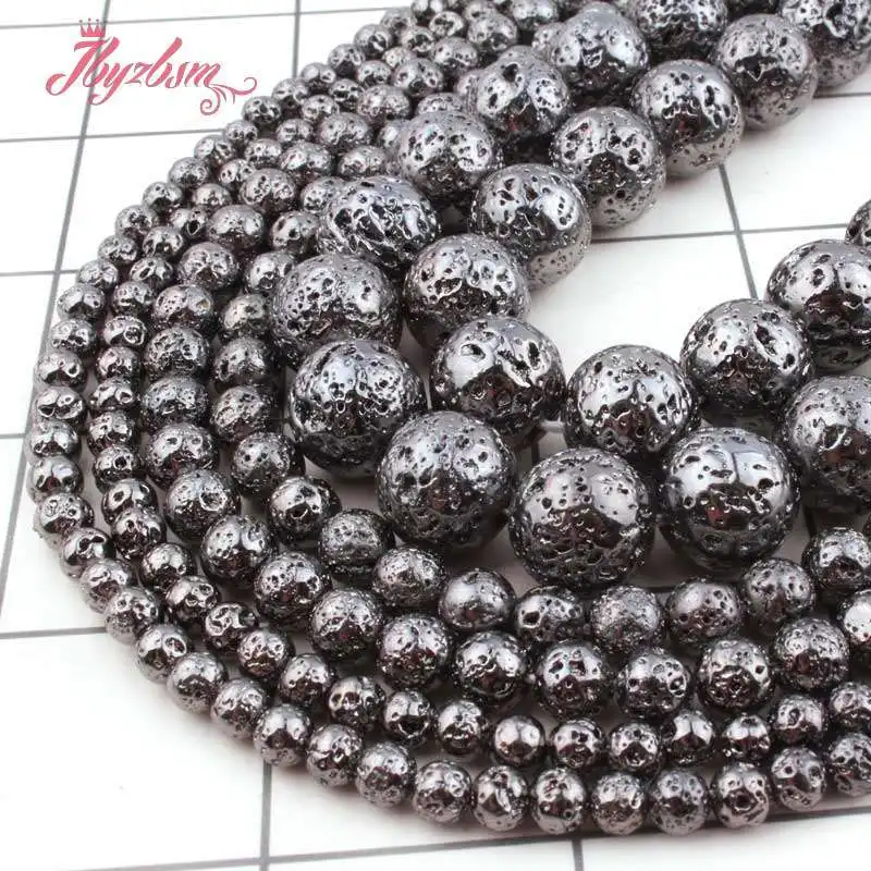 

Natural Rock Lava Round Black Plated 6/8/10/12mm Stone Beads For DIY Necklace Bracelats Jewelry Making Loose 15" Free Shipping