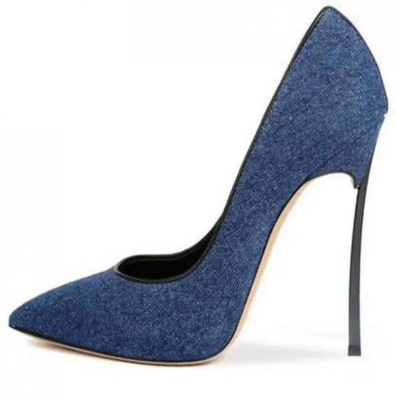 

Brand Women Shoes Denim Shallow Slip-on Party Shoe Pointed Toe Pumps High Heels Thin Heels Ladies Shoe Sandalias Femininas Retro