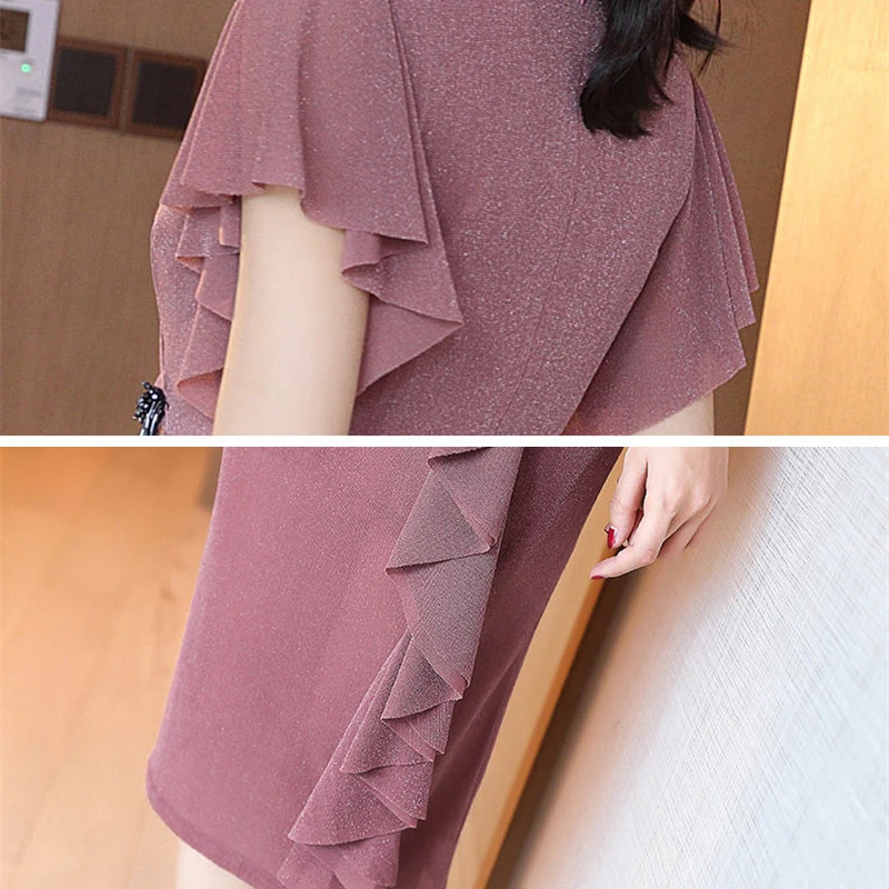 

Sexy Slim Ruffle Mesh Dress Women Summer Elegant V-Neck Short Sleeve Bodycon Dress Vintage Stretchy Skinny Evening Party Dresses