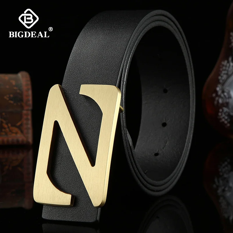 Мужской ремень из натуральной воловьей кожи дизайнерский твердой латуни с