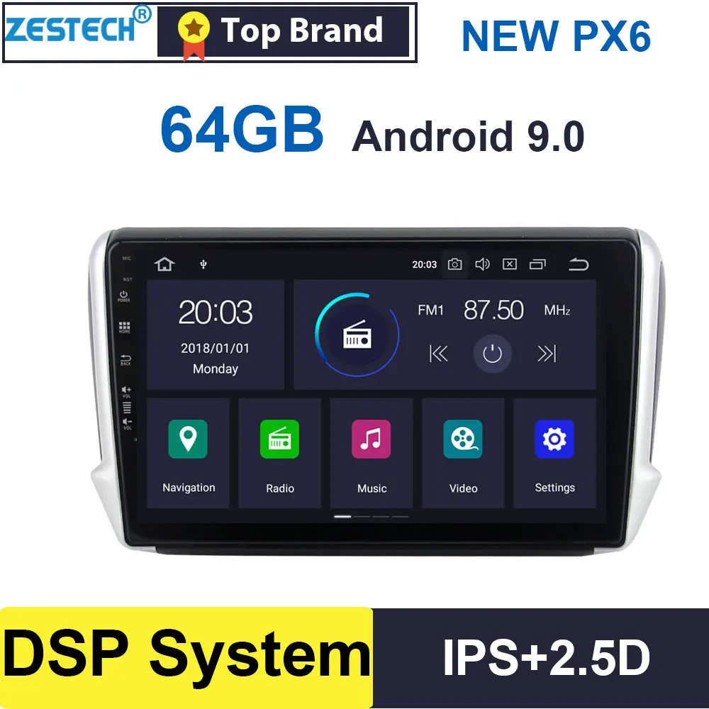 ZESTECH PX6 64 ГБ Android 9,0 Автомагнитола для peugeot 208/2008 2012- Автомагнитола gps dvd Автомобильный мультимедийный для peugeot Android