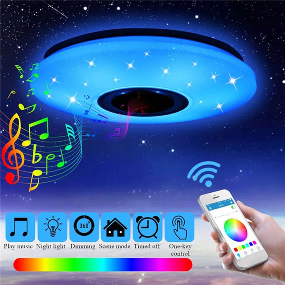 

RGB светодиодный потолочный светильник для спальни, декоративная потолочная лампа с Bluetooth-динамиком, с регулируемой яркостью, цветсветильни...