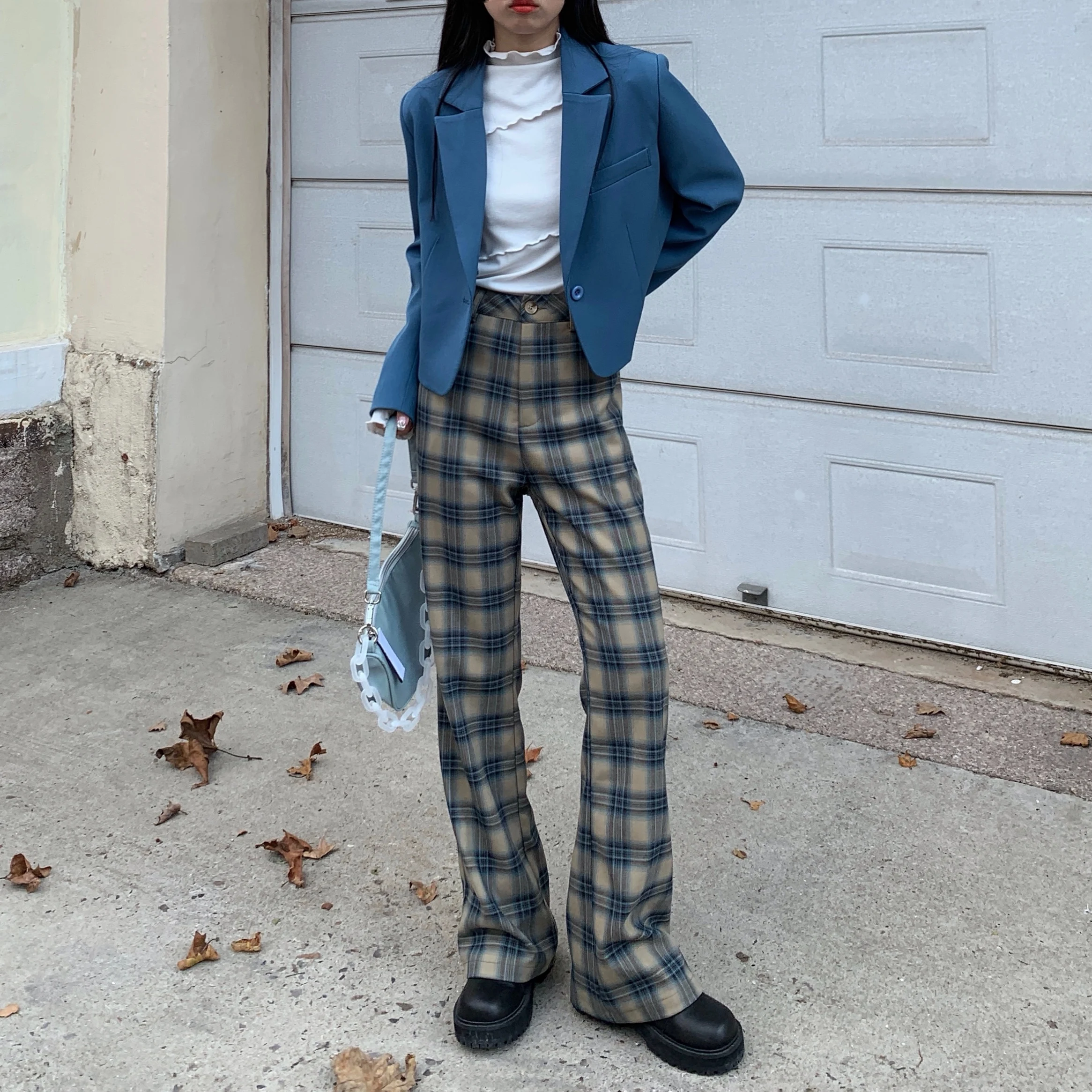 

2021 Streetwear Vintage Plaid Pants for Women Casual Chic Flare Pants Loose Wide Leg Streetwear Womens Fashion Bottoms Pants