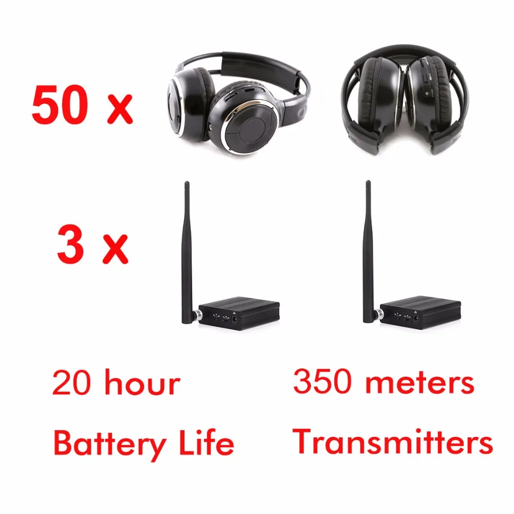 

500m Distance Silent Disco Folding Wireless Headphones - Quiet Clubbing Party Package Including 50 Headsets and 3 Transmitters