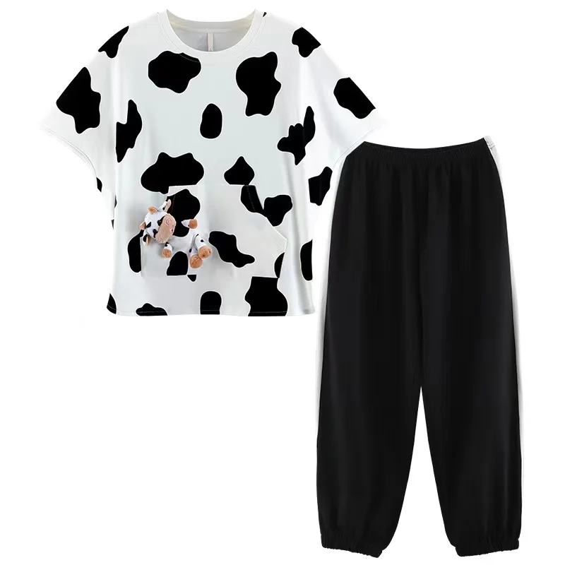 

New Summer Women Pajama Set 100% Cotton Fashion Sleepwear Cute Cow Print Playful Calf Toy in Pocket Home Wear Clothes Nightwear