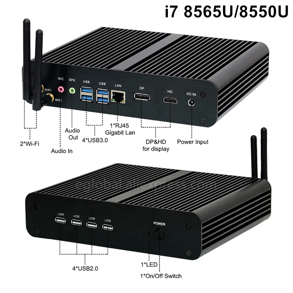Мини-компьютер без вентилятора процессор Eglobal Nuc i7 8565U 7560U i5 8250U 7260U DDR4 Micro PC Windows 10 Pro