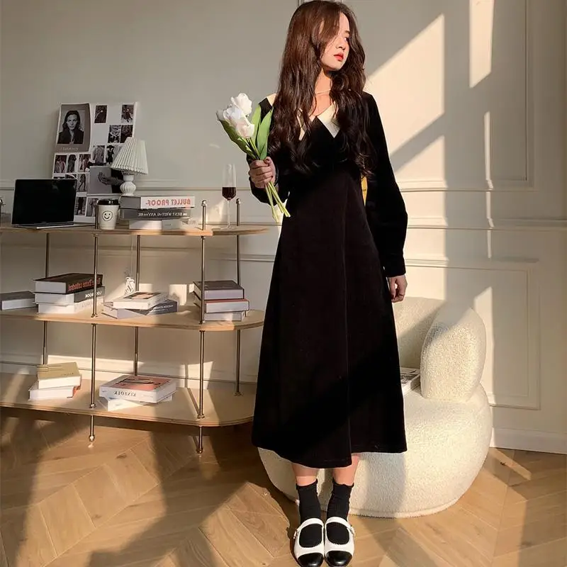 

QWEEK Vintage Autumn Winter Corduroy Dress Women 2021 Vintage Retro Casual Black Long Sleeve Midi Dress Fashion Robe Clothes