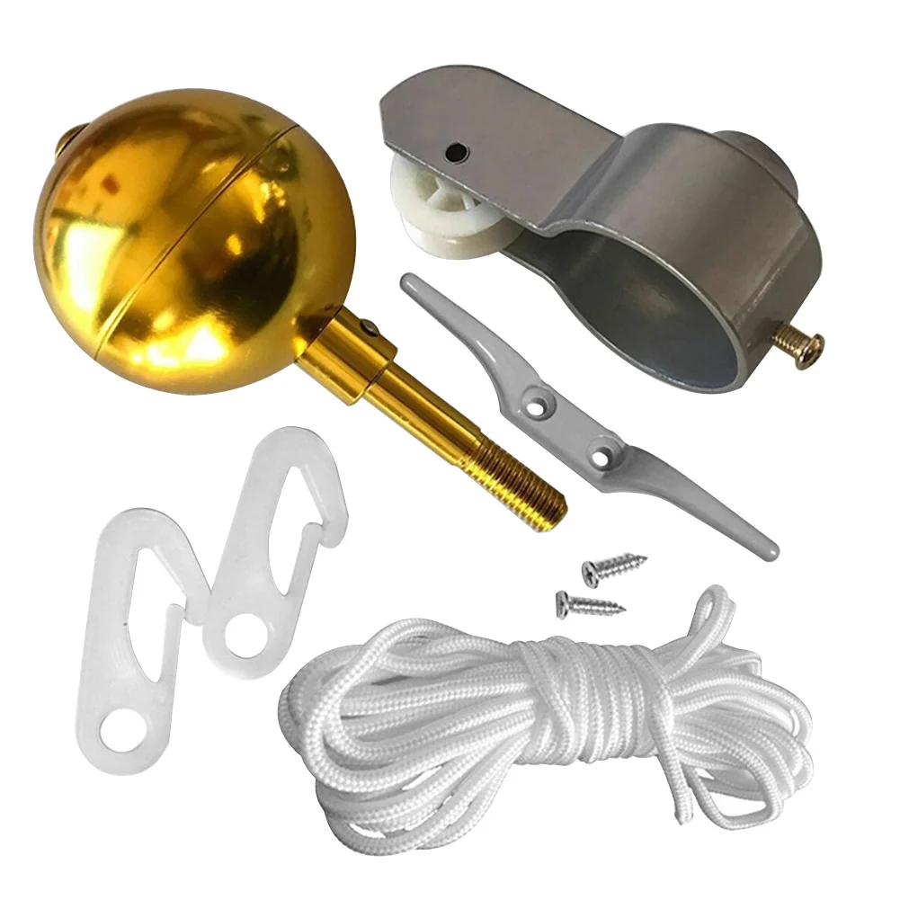 

Pulley Flagpole Accessories Kit Garden Gold Ball Rope Cleat Clip Home Round Shape Repair Screws Decor Yard Outdoor
