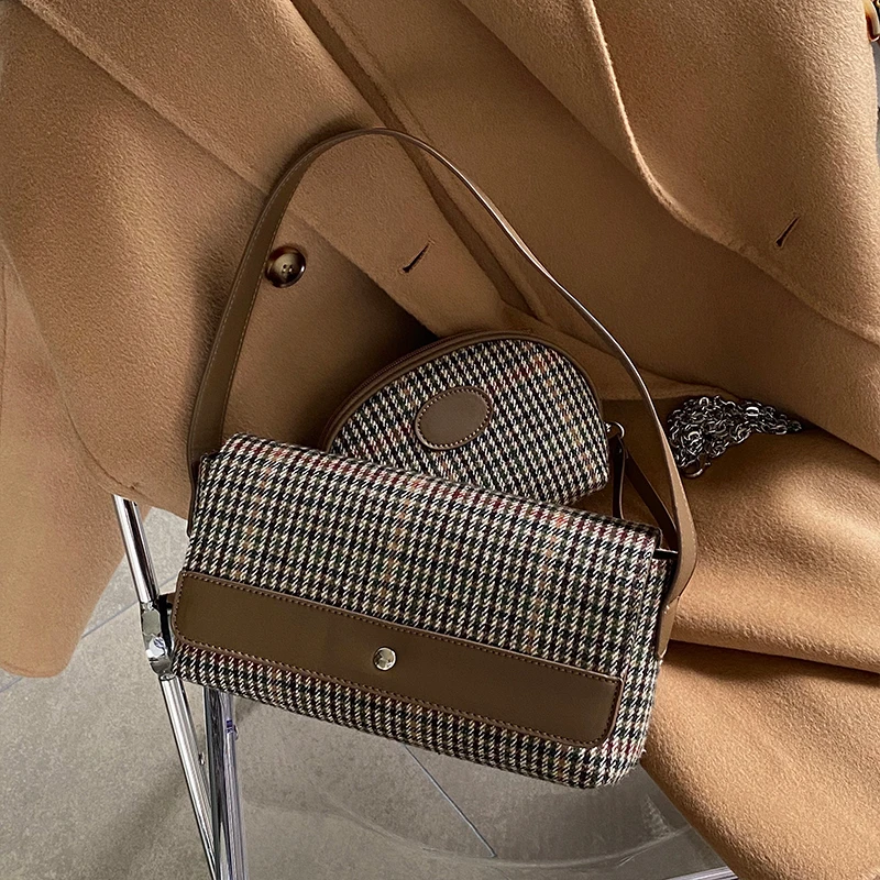 

Vintage Plaid Women Underarm Bag College Style Ladies Chain Small Shoulder Messenger Bags Fashion Female Baguette Purse Handbags