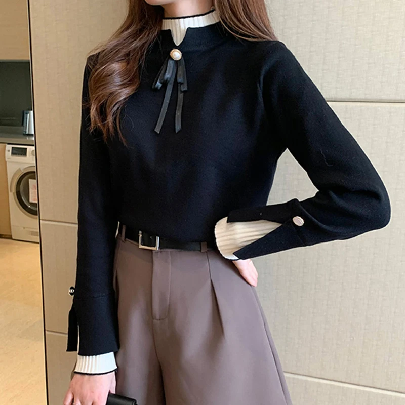 

Sweaters For Women Fashion Knitted Stand Collar Bow Solid Elegant Office Lady Kniwear Tops Long Sleeve Korean Spring Jumper Tops