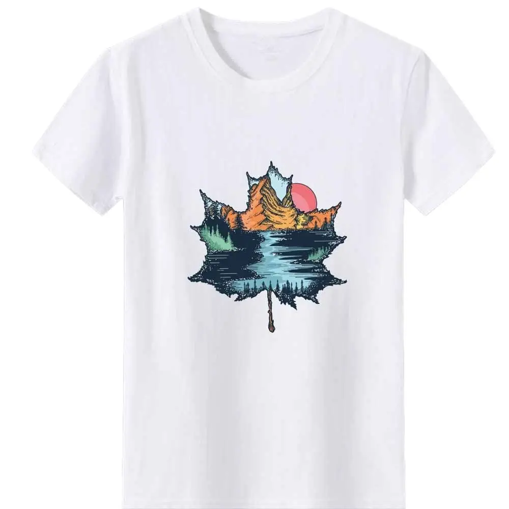 

Leaf Pattern Print T-Shirt Women Sunset Mountain River Tee Shirt Casual Women Short Sleeve Hipster Graphic T Shirts Loose Top
