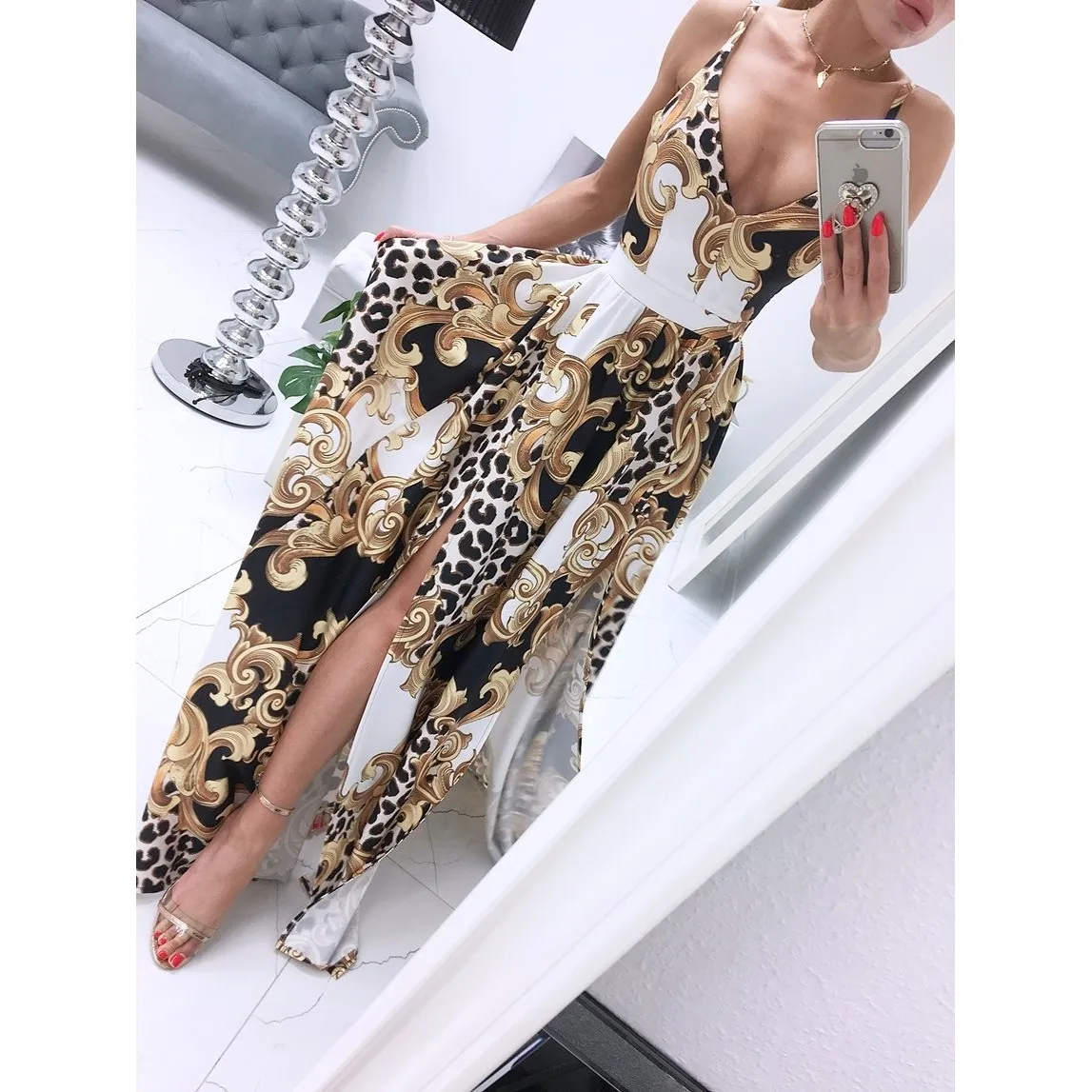 

Sexy Halter Dress Leopard Print Dashiki Deep V Neck Slit Long Evening Dress New Summer Fashion Elegant Party Bohemia Vestidos